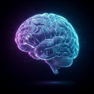 Una imagen futurista de un cerebro humano con una red brillante de sinapsis y neuronas, integrada con una elegante red digital de circuitos y nodos, simbolizando la fusión de la inteligencia humana y la inteligencia artificial.