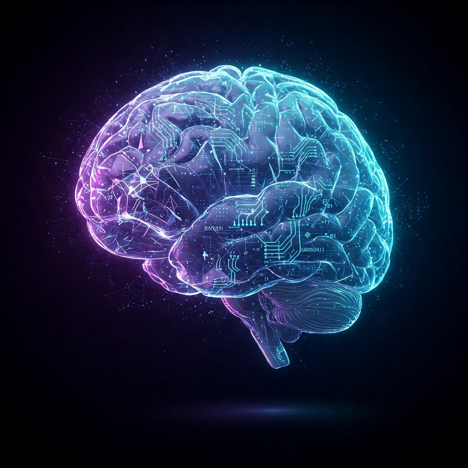 Una imagen futurista de un cerebro humano con una red brillante de sinapsis y neuronas, integrada con una elegante red digital de circuitos y nodos, simbolizando la fusión de la inteligencia humana y la inteligencia artificial.